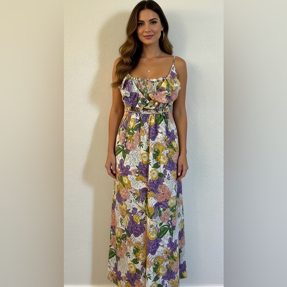 Floral Maxi Jumper Dress with Ruffle Detail